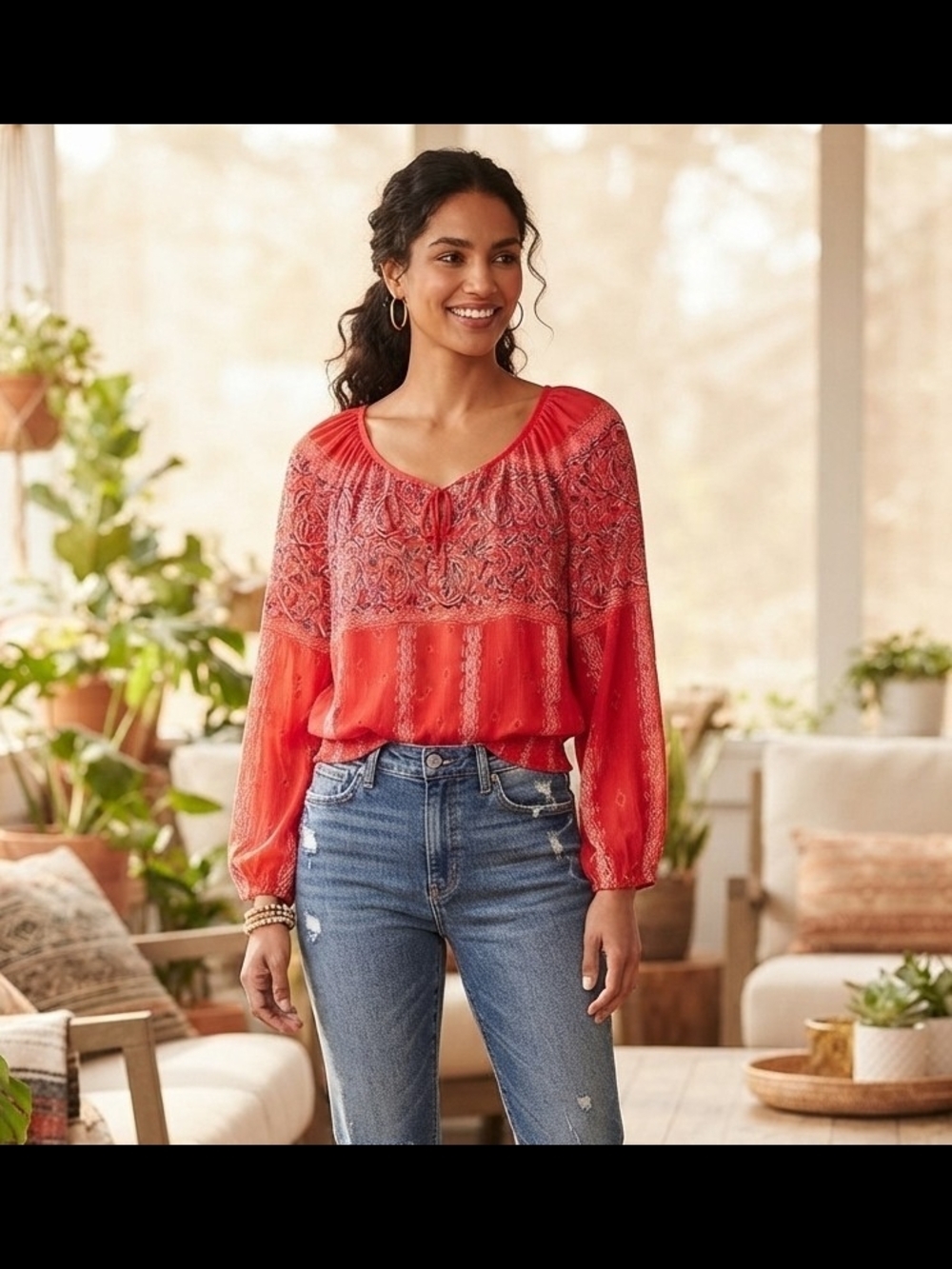 Lucky Brand Red Printed Peasant Blouse